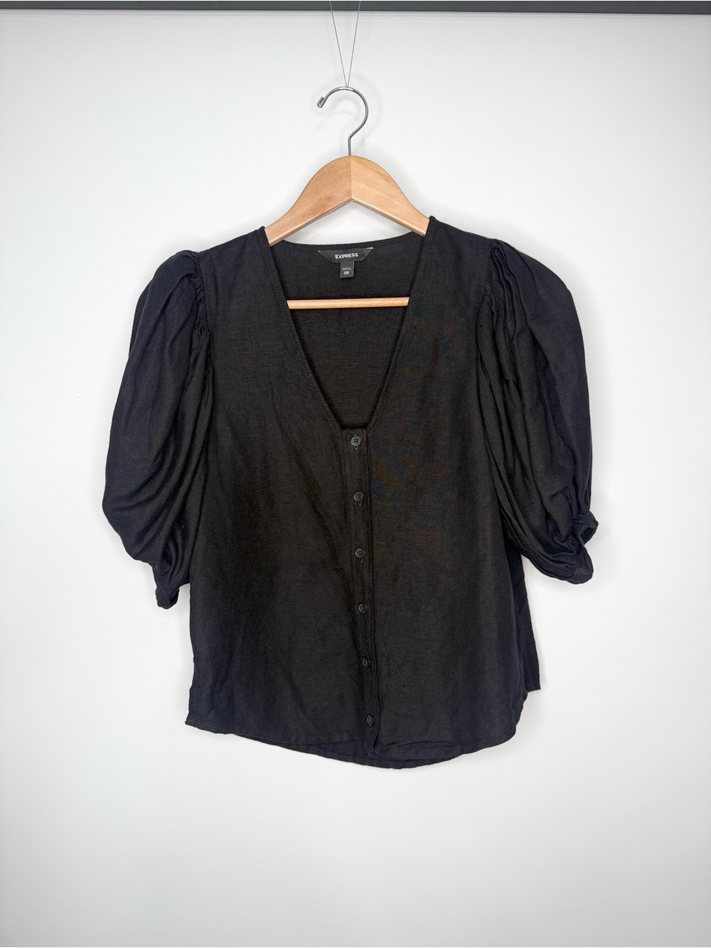 Express Black Linen Blend Puff Sleeve Button-Front Blouse XXS